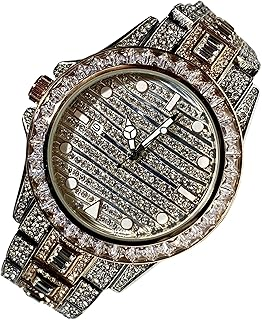 Men's Womens Round 2 Tone Gold Radium Dial Wrist Watch Band Luxury CZ Diamond Iced Bracelet Baguette Round Dial Watch For Men