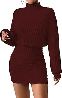 Women's Pullover Sweater Dress Long Lantern Sleeve Turtle Neck Cute Ribbed Knit Bodycon Mini Short Dress 2025 Fall