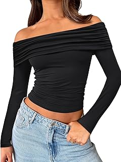 Trendy Queen Women Long Sleeve Shirts Off Shoulder Tops Going Out Crop Sexy Slim Fitted Y2K Fall Outfits 2026 Fashion Clothes