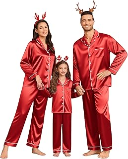 SWOMOG Family Matching Pajamas Set Silk Satin Button Down Sleepwear Long Sleeve Nightwear 2 Pcs Pj Set