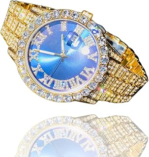 Men's Round Gold Blue Dial Wrist Watch Band Luxury CZ Diamond Iced Bracelet Watch Roman Numeric Dial Watch For Men Women Hip Hop