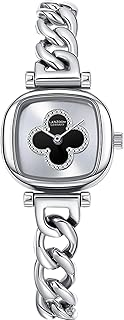 LANZOOM Women's Lucky Four-Leaf Clover Square Watch,Silver Stainless Steel Denim Chain Bracelet,Sunray Dial with Clover Motif,25mm Small