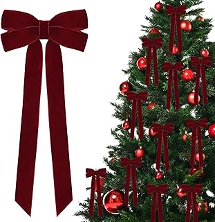 12Pcs Burgundy Velvet Ribbon Bows Christmas Tree Decorations,5in x 10in Xmas Ornaments for Tree Home Party Front Door Wreath Garland