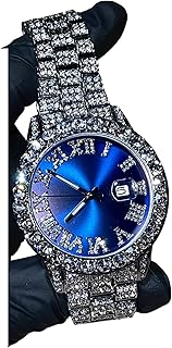 Shop-iGold Men's Round Silver Blue Dial Wrist Watch with Luxury CZ Diamond Iced Out Bracelet, Roman Numeric Dial, Hip Hop Rapper Choice