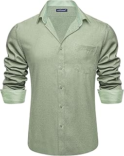 Mens Linen Shirts Casual Long Sleeve Button Down Shirt Untucked Regular Fit Contrast Collar Dress Shirt with Pocket