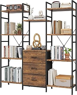 Triple Bookshelf with 3 Fabric Drawers, 4-Tier Book Shelf and 10 Display Shelves, Industrial Large Bookcase for Home & Office, Rustic Brown, 47'' Wide