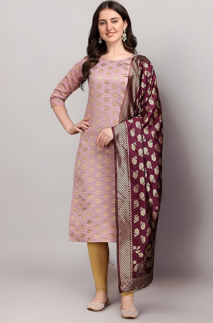 VredeVogel Women's Cotton Silk Blend Straight Kurta with Trouser Pant & Banarasi Silk Dupatta