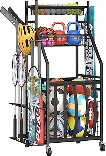 LUMAMU Sports Equipment Garage Organizer,Garage Ball Storage Rack with Elastic Straps,Small Rolling Ball Holder Cart with Wheels for Sports