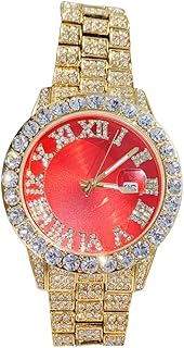 Men's Round Gold Red Dial Wrist Watch Band Luxury CZ Diamond Iced Bracelet Watch Roman Numeric Dial Watch For Men Women Hip Hop