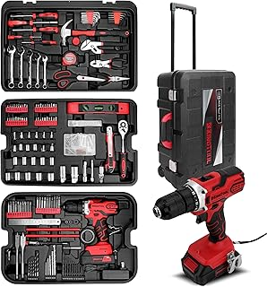 KINGTOOL Home Tool Set Kit - 286 PCS Home Auto Repair Tool Kit with Rolling Tool Box, Mechanic Tool Sets with 21V Max Cordless Power drill,