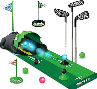 TERRAMUS Upgraded Kids Toy Golf Set with Dinosaur Automatic Golf Returner, Led Light Up Night Golf Balls, 3 Clubs, Putting Mat, 3-8